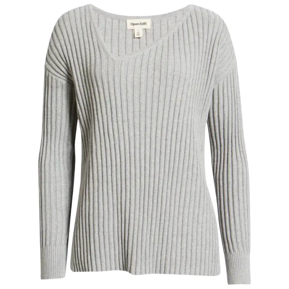 NEW Open Edit Ribbed Sweater Asymmetric Vneck Tunic Long Sleeve Gray Size Small